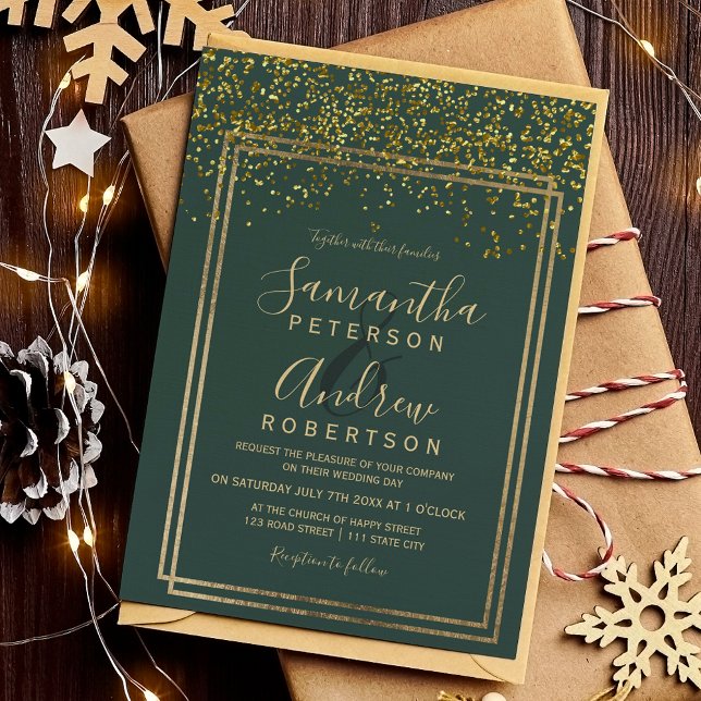 Convite Casamento de chic gold confetti na fronteira verde (Chic gold confetti green border wedding invitation)