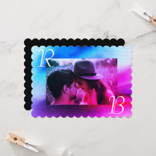 Convite Casamento de Chic Ombre Purple e Blue Photo Monogr