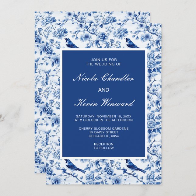 Convite Casamento de Chinoiserie Blue Birds and Flowers (Frente/Verso)