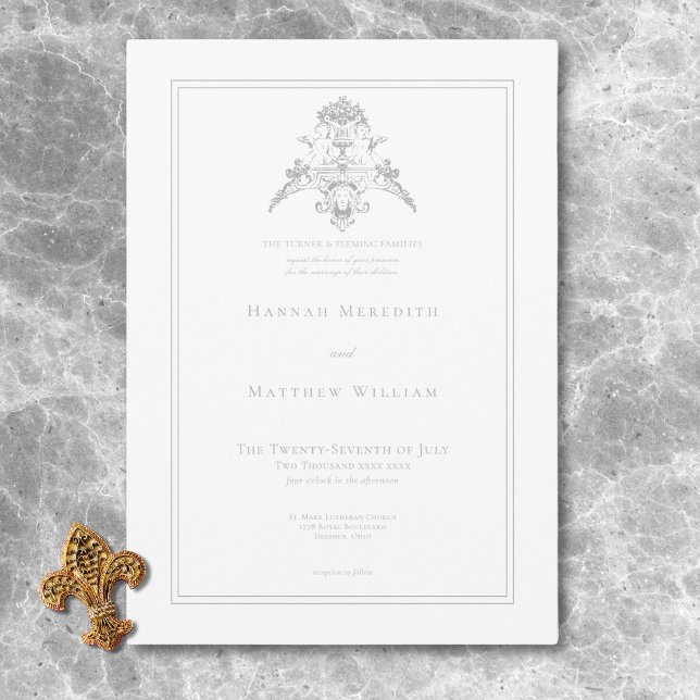Convite Casamento de Chinoiserie Cherub, Cinza de Luz Eleg (Elegant Light Gray Chinoiserie Cherub Wedding Invitation)