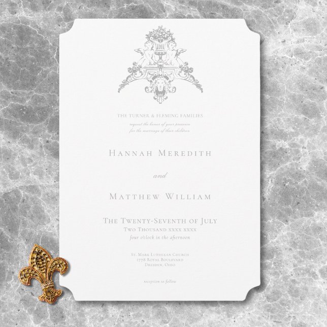 Convite Casamento de Chinoiserie Cherub, Cinza de Luz Eleg (Elegant Light Gray Chinoiserie Cherub Wedding Invitation)