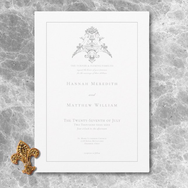 Convite Casamento de Chinoiserie Cherub, Cinza Silver Eleg (Elegant Silver Gray Chinoiserie Cherub Wedding Invitation)