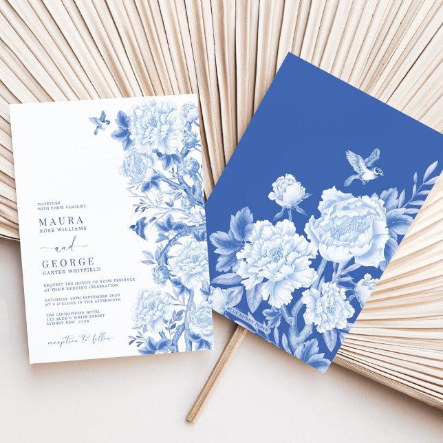 Convite Casamento de Chinoiserie Jardim Floral Azul Branca (Criador carregado)