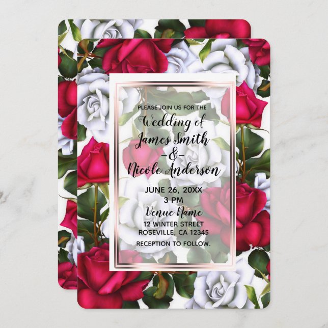 Convite Casamento de Chique de Rosas Vermelhas e Brancas (Frente/Verso)