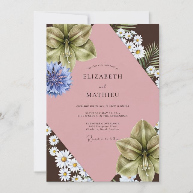 Convite Casamento de Chocolate Blush Daisy Eucalipto (Frente)