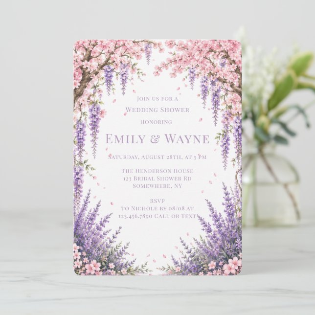 Convite Casamento de Chuva de Noiva com Árvore de Lavanda  (Em pé/Frente)