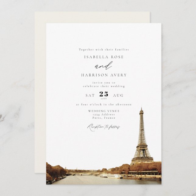 Convite Casamento de Cidade da Torre Eiffel em Watercolor  (Frente/Verso)