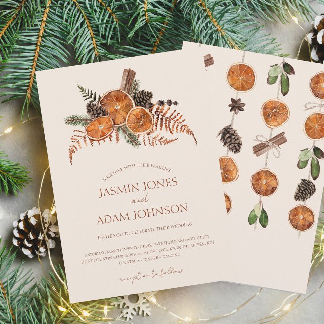 Convite Casamento de Cinnamon de Citrus Cinnamon Secos em  (Winter Orange Slices Dried Citrus Cinnamon Wedding Invitation)
