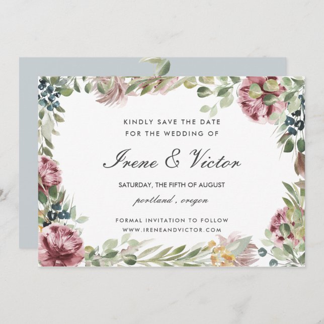 Convite Casamento de Cinza Azul Anemone Blush Salve a data (Frente/Verso)