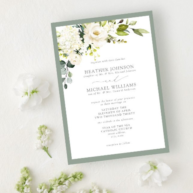 Convite Casamento de Cinza Branca Verde Floral Aquarela (Criador carregado)