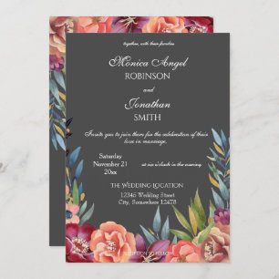Convite Casamento de Cinza Tropical Burgundy e Blush V2