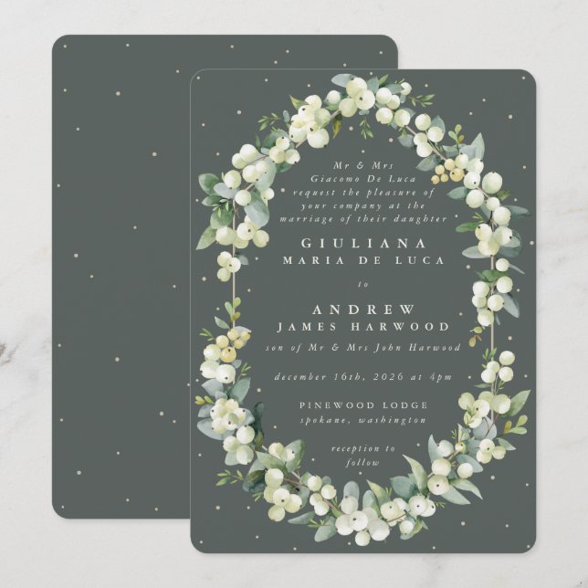 Convite Casamento de Cinza Verde de Snowberry+Eucalyptus (Frente/Verso)