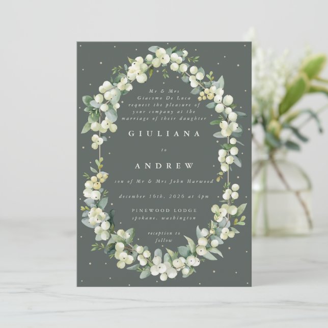 Convite Casamento de Cinza Verde de Snowberry+Eucalyptus (Em pé/Frente)