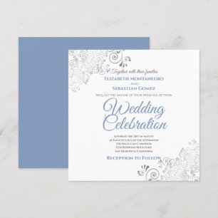 Convite Casamento de Cinzas Azuis Elegante Silver Filigree