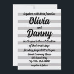 Convite Casamento de cinzas Brancas Stripes Cute Beach<br><div class="desc">Cinza White Candy Stripes Cute Beach Invitation, projetada por Nisha Prabhu. Totalmente personalizável. Personalize com seus detalhes. A Cinza White Candy Stripes Cute Beach Invitation é um charmoso e adorável design que combina um tema de praia com um toque de doçura. O convite apresenta um padrão delicioso de cinzas e...</div>