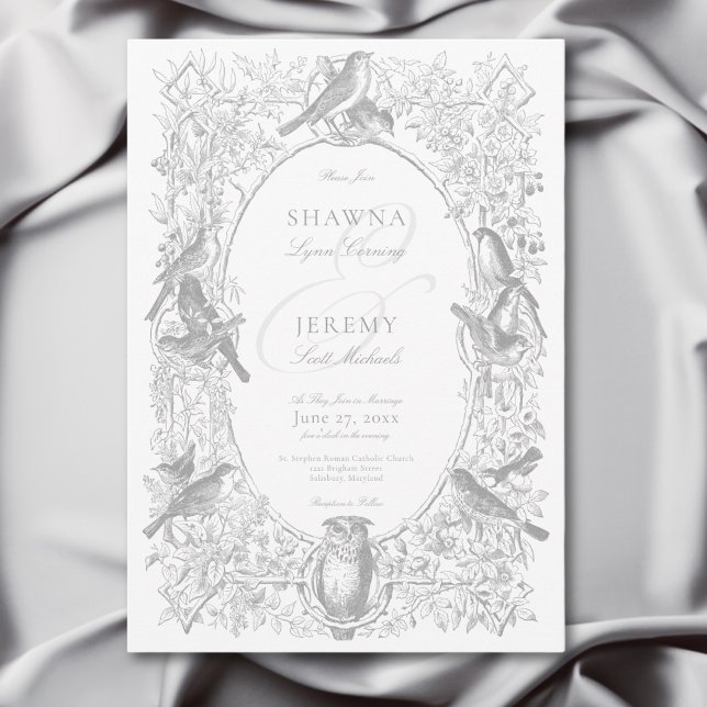 Convite Casamento de Cinzas Chinoiserie Natureza e Aves (Elegant Gray Chinoiserie Nature & Birds Wedding Invitation)