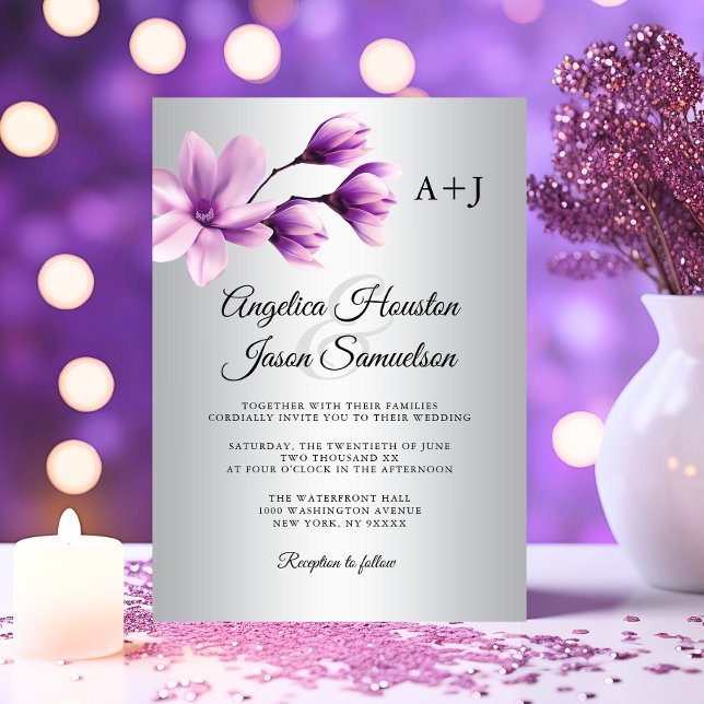 Convite Casamento de Cinzas de Lavanda Roxo-Floral (Watercolor Floral Purple Lavender Grey Wedding Invitation)
