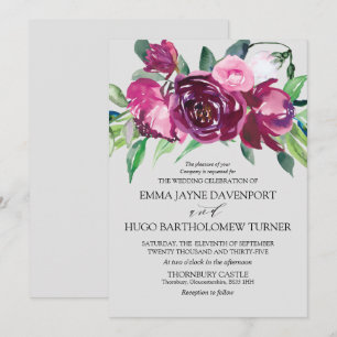 Convite Casamento de cinzas de pomba floral cor-de-rosa