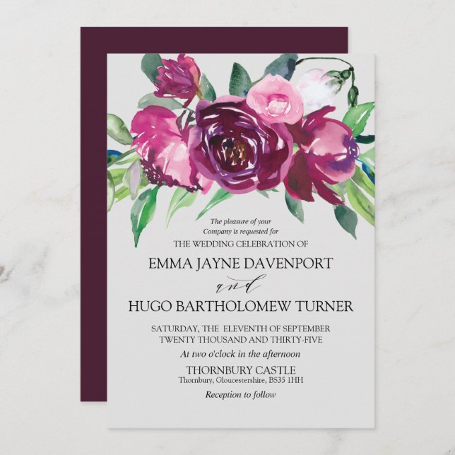 Convite Casamento de cinzas de pombas florais magenta e co (Frente/Verso)