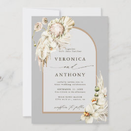 Convite Casamento de Cinzas Florais Boho Protea Pampas Gra