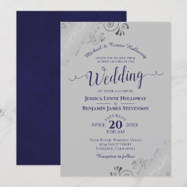 Convite Casamento de Cinzas Formais Azuis Marinho de Prata