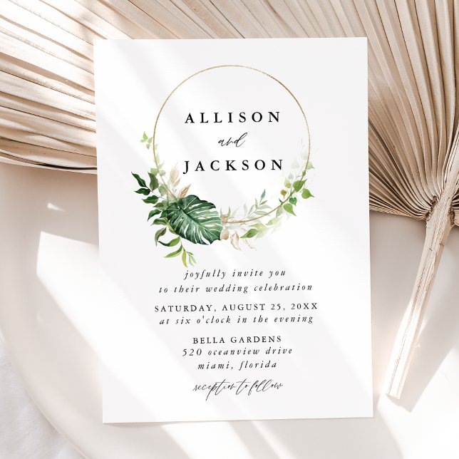 Convite Casamento de Círculo Dourado com Folhas Tropicais  (Criador carregado)