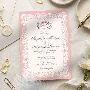 Convite Casamento de Cisne Rosa Bege Elegante Renda Ivory