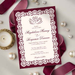 Convite Casamento de Cisnes Burgundy Elegantes com Renda I