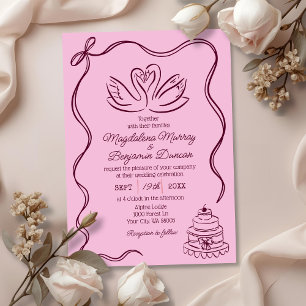Convite Casamento de Cisnes Burgundy Retro Desenhado à Mão