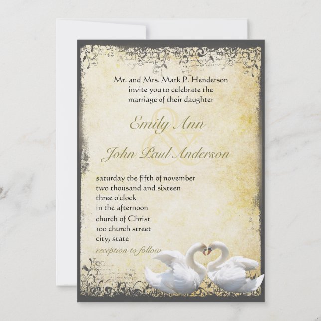 Convite Casamento de Cisnes Chic Rústico Elegante (Verso)