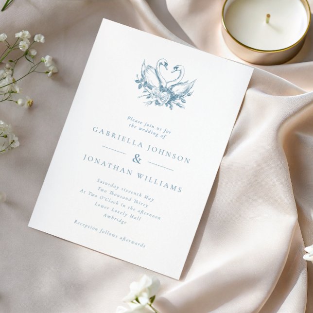 Convite Casamento de Cisnes Florais Vintage Azul (Criador carregado)