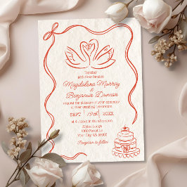 Convite Casamento de Cisnes Laranja Retro Desenhado à Mão 