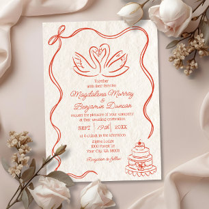 Convite Casamento de Cisnes Laranja Retro Desenhado à Mão