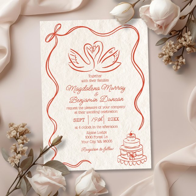 Convite Casamento de Cisnes Laranja Retro Desenhado à Mão  (Criador carregado)
