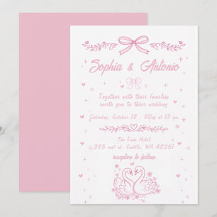 Convite Casamento de Cisnes Rosa Desenhados à Mão Capricho
