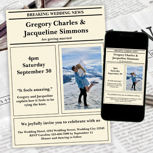 Convite Casamento de Citação de Fotos do Jornal Retroativo (Criador carregado)