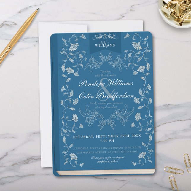 Convite Casamento de Cobrir de Livro Azul Elegante Dois To (Elegant Teal Blue Library Book Cover Wedding Invitation with Monogram and Formal Calligraphy Script)