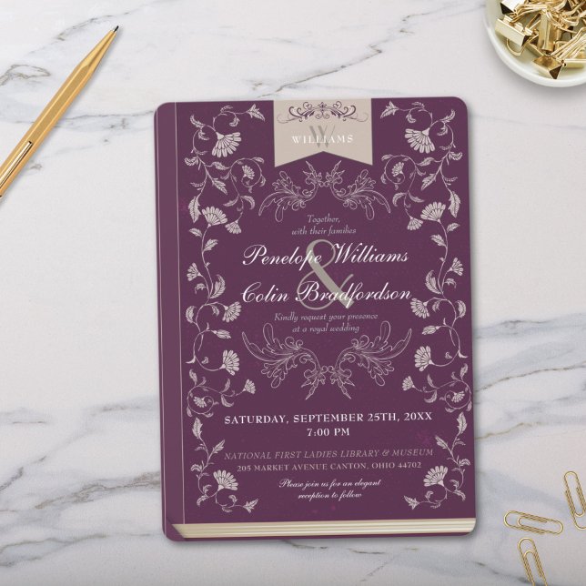 Convite Casamento de Cobrir de Livro Floral de Plum Tan Vi (Elegant Plum Purple Tan Simple Vintage Wedding Invitation for Formal Library or Regency Era Event)