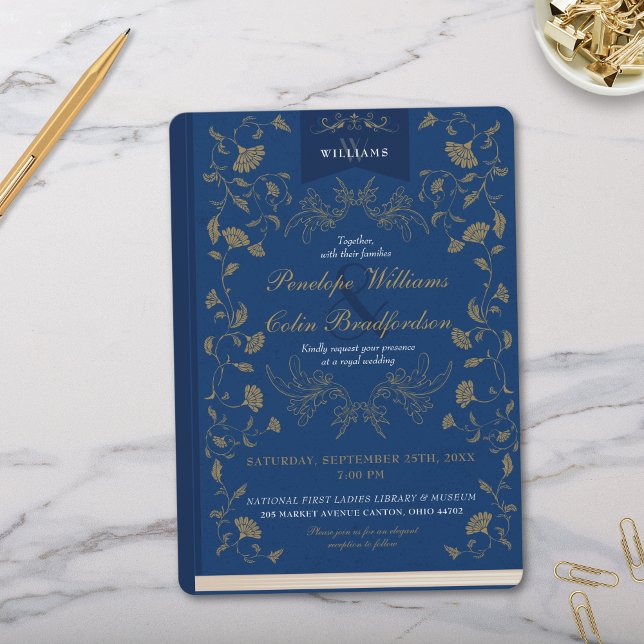 Convite Casamento de Cobrir de Livro Floral Dourado e Azul (Elegant Navy Blue and Gold Vintage Floral Book Cover Wedding Invitation for Library or  Fairytale)