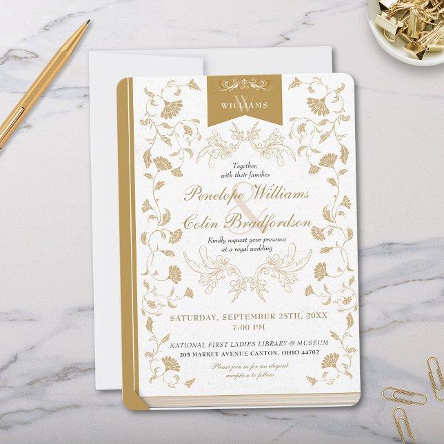 Convite Casamento de Cobrir de Livro Floral Dourado e Bran (Elegant Vintage White and Gold Damask Floral Book Cover Wedding Invitation Two Tone Minimal Design)