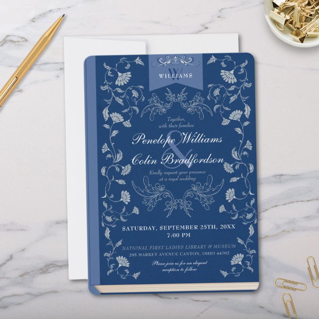 Convite Casamento de Cobrir do Livro Azul Elegante Dusty (Elegant Dusty Blue and White Library Book Cover Formal Wedding Invitation for Royal Fairytale Invite)