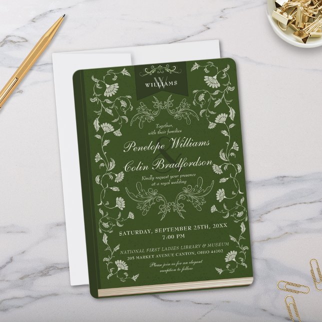 Convite Casamento de Cobrir do Livro Floral Verde Elegante (Elegant Regency Era Green Floral Wedding Invitation with Book Cover Aesthetics and Calligraphy)