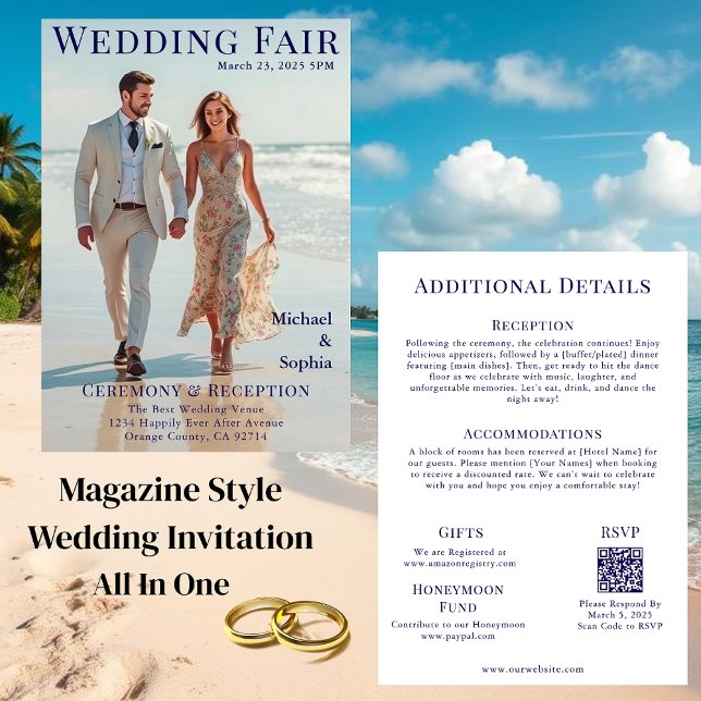 Convite Casamento de Cobrir na Praia (Magazine Cover Wedding on the Beach Invitation (All in one))