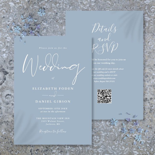 Convite Casamento de Código QR Azul com Tudo em Um Dusty (All In One Dusty Blue QR Code Wedding Invitation)