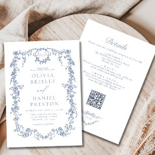 Convite Casamento de Código QR Azul com Tudo em Um Francês