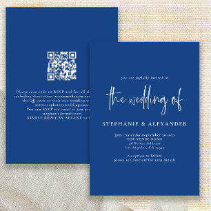 Convite Casamento de Código QR Azul de Script Branco Moder