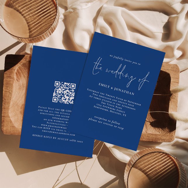 Convite Casamento de Código QR Azul de Script Elegante (Front and back view. Available digitally and printed.)