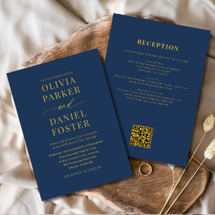 Convite Casamento de Código QR Azul Dourado Tudo em Um Mar