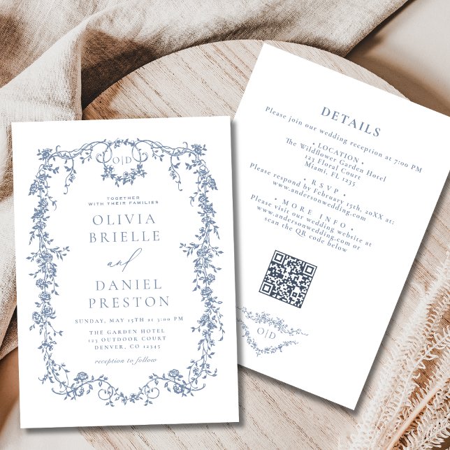 Convite Casamento de Código QR Azul Dusty Vitoriano (Criador carregado)