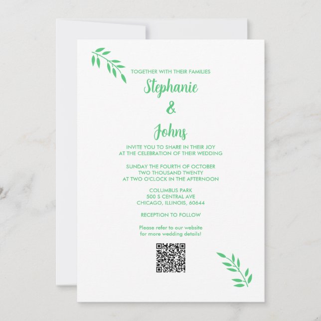 Convite Casamento de Código QR Branco do Script Leaf Verde (Frente)